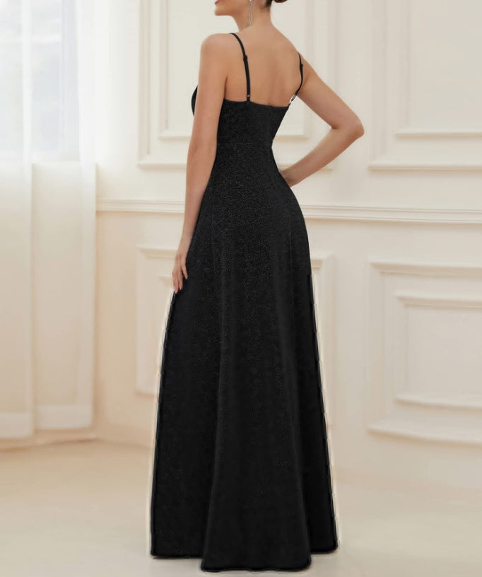 Black Women's Sexy Spaghetti Straps Slit A-Line Glitter Prom Dress